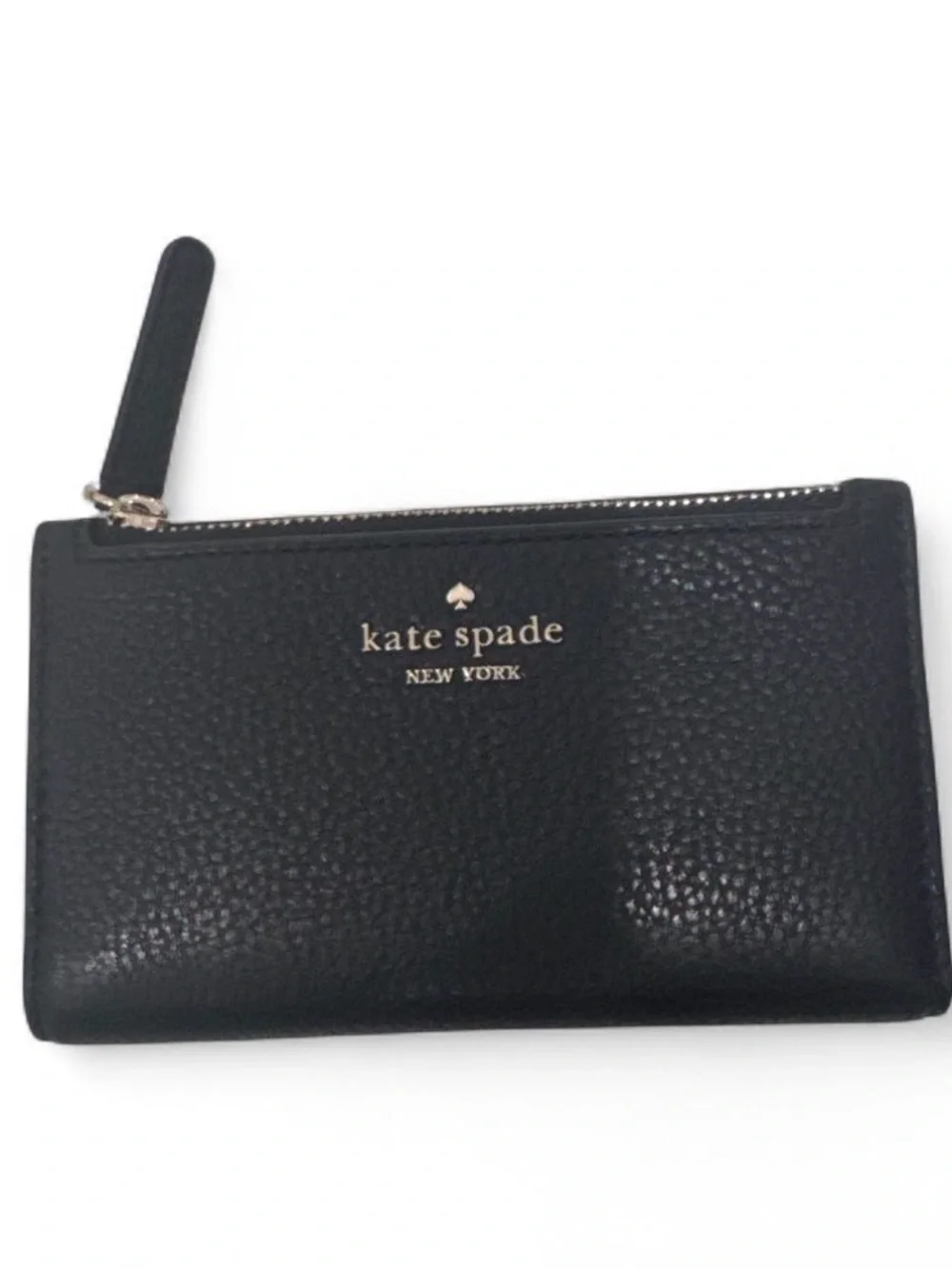 kate spade Black Pebbled Leather Zip Card Wallet with Gold Logo